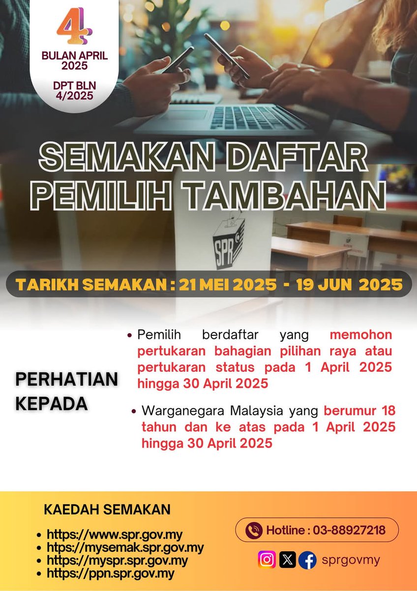 PELAKSANAAN URUSAN SEMAKAN DAFTAR PEMILIH TAMBAHAN BULAN APRIL TAHUN 2025 (DPT BLN4/2025)

Layari spr.gov.my untuk maklumat lanjut.