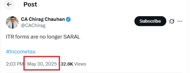 CAHimankSingla's tweet photo. Day 1: “Submit ITRs with just a click.”
Day 3: “Forms are no longer SARAL.”

Plot development more climatic than a Netflix series!
