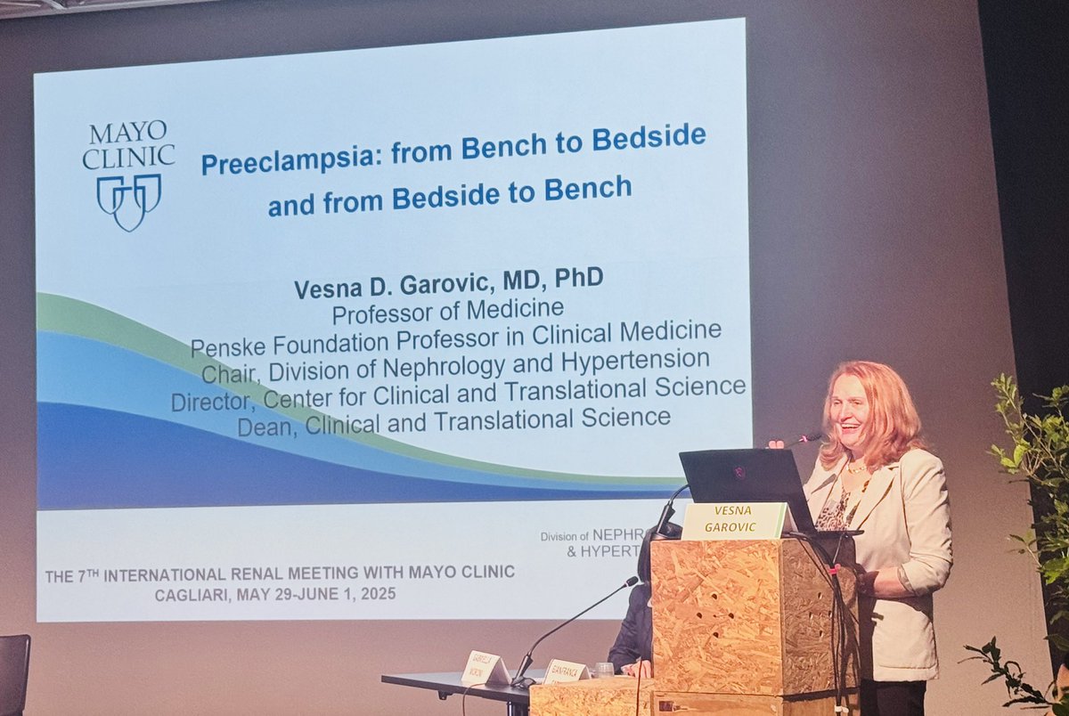 Mayo Clinic Nephrology (@mayoclinicneph) on Twitter photo An inspiring keynote by our Division Chair, Prof. Vesna D. Garovic, <a href="/GarovicVesna/">Vesna Garovic</a>
“Preeclampsia: from Bench to Bedside and from Bedside to Bench”
🌍 The 7th International Renal Meeting with Mayo Clinic in Sardinia 🇮🇹
📍 Sa Manifattura, Cagliari | May 29 – June 1, 2025 An inspiring keynote by our Division Chair, Prof. Vesna D. Garovic, <a href="/GarovicVesna/">Vesna Garovic</a>
“Preeclampsia: from Bench to Bedside and from Bedside to Bench”
🌍 The 7th International Renal Meeting with Mayo Clinic in Sardinia 🇮🇹
📍 Sa Manifattura, Cagliari | May 29 – June 1, 2025