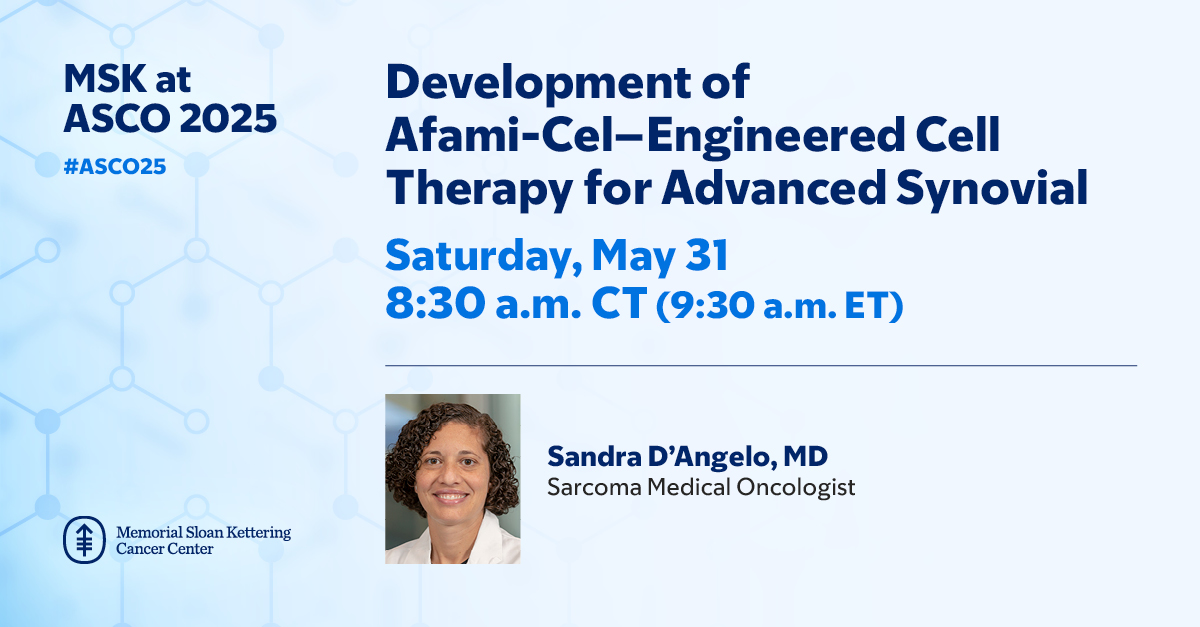 Join sarcoma medical oncologist <a href="/sandrapdangelo/">Sandra P D'Angelo, MD</a> TODAY for her session on "Development of Afami-Cel–Engineered Cell Therapy for Advanced Synovial" at <a href="/ASCO/">ASCO</a>. #ASCO25

🗓️: 5/31 at 8:30am CT