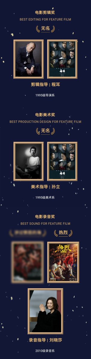 250530 The 4th Beijing Film Academy Awards Honors was announced

Xiao Zhan:
Best director for drama series: Fu Ning (The Youth Memories)

Wang Yibo:
Best editing for feature film: Cheng Er (Hidden Blade)
Best production design for feature film: Sun Li (Hidden Blade)
Best sound