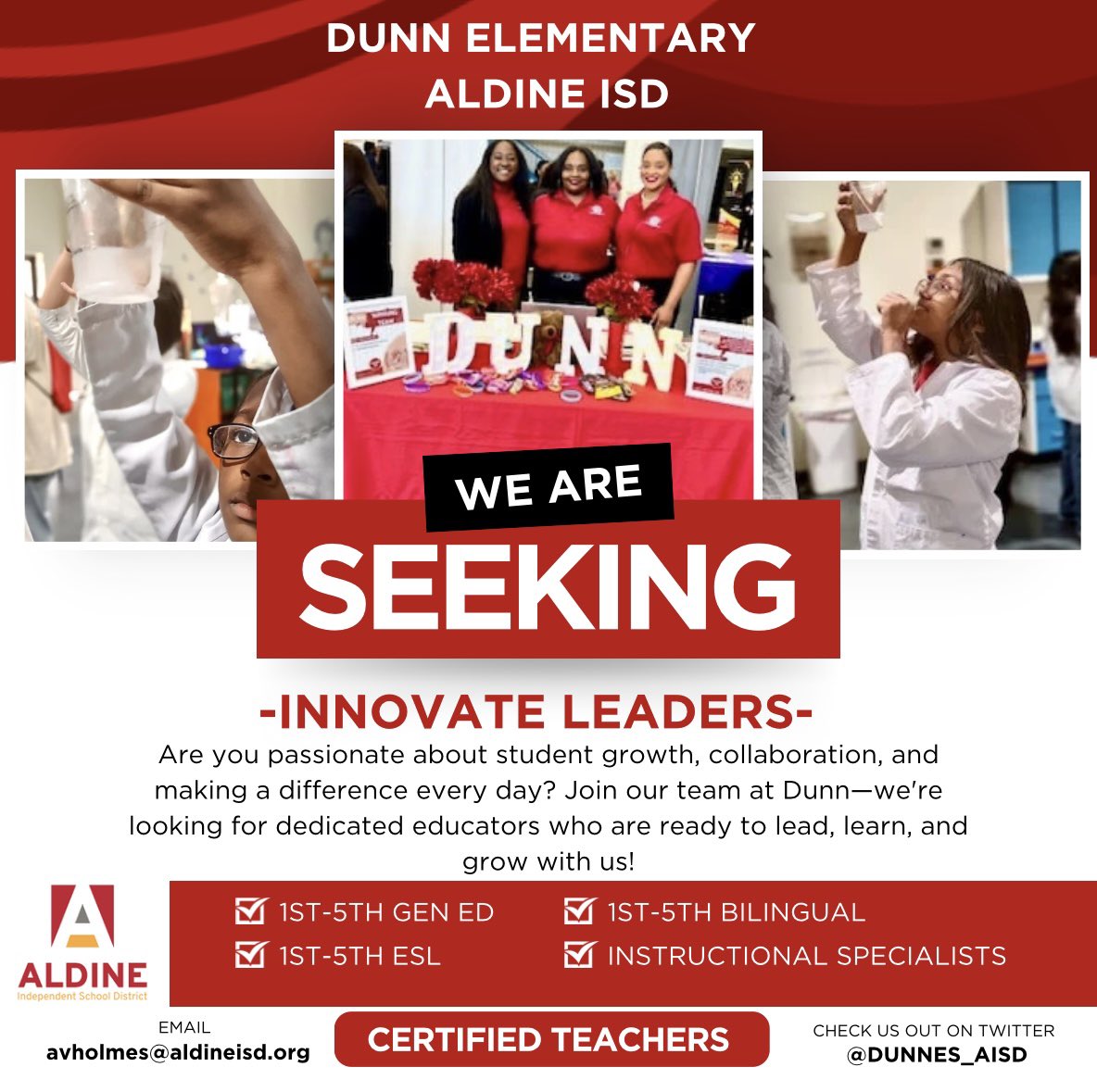 Artisha Holmes (@artishaholmes) on Twitter photo Thanks to our team, we’re almost 100% staffed.
🚨We’re Looking For 🚨
◾️Certified School Counselor
◾️Certified Bilingual Teachers
◾️Instructional Specialists
Like ♥️ Share ↩️
Email avholmes@aldineisd.org Thanks to our team, we’re almost 100% staffed.
🚨We’re Looking For 🚨
◾️Certified School Counselor
◾️Certified Bilingual Teachers
◾️Instructional Specialists
Like ♥️ Share ↩️
Email avholmes@aldineisd.org