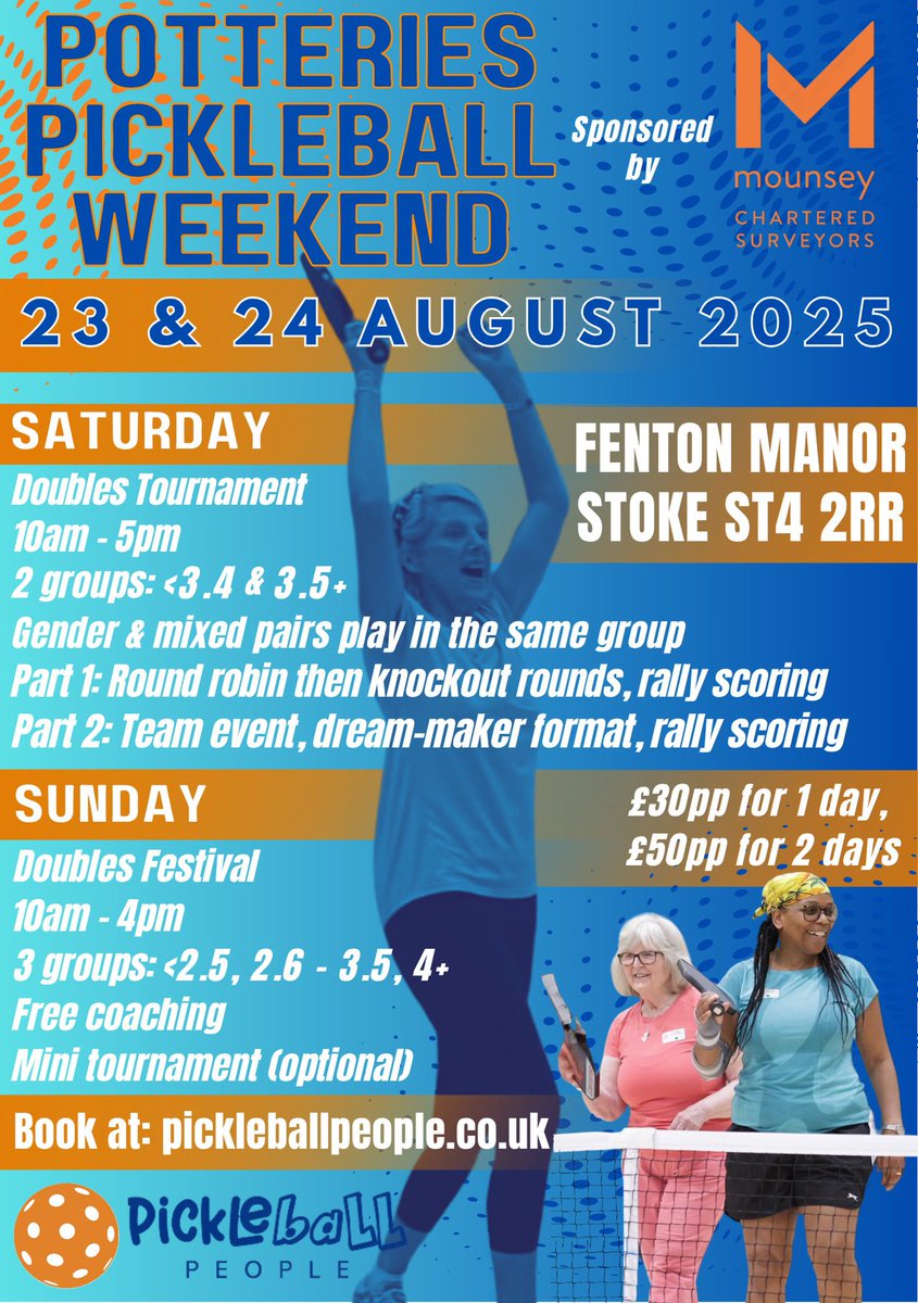 23-24 Aug 2025 Potteries #Pickleball Weekend at Fenton Manor Sports Complex. Stoke, ST4 2RR sponsored by Mounsey Chartered Surveyors – Pickleball People
