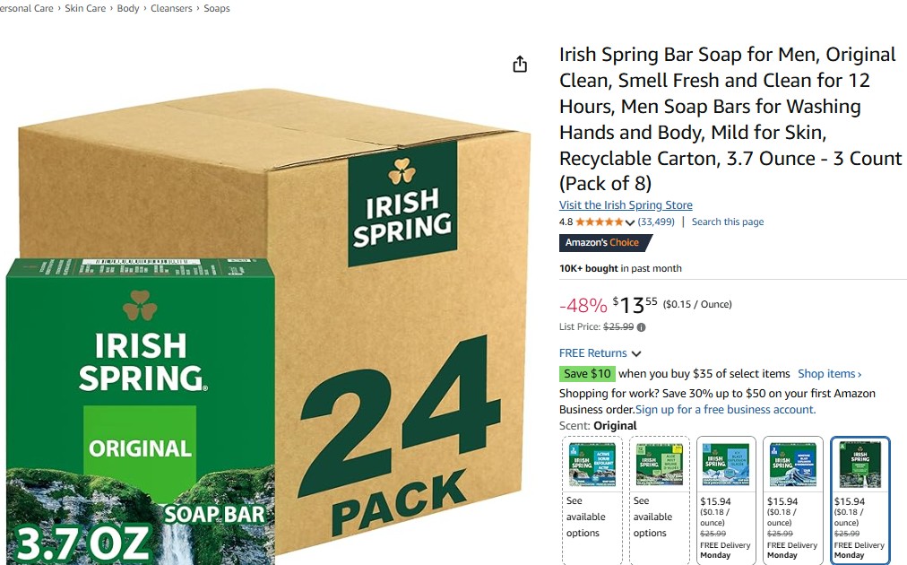 D26585421D's tweet image. 24-Pack Irish Spring Bar Soap (3.7 oz each) on SALE for just $13.55 with Subscribe &amp;amp; Save (cancel anytime)! 

Usually $24+ elsewhere 

amzn.to/4jpxLX5
ad

#MensGrooming #SoapDeal #IrishSpring #AmazonDeals