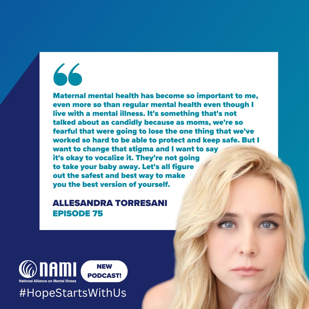 NAMI (@namicommunicate) on Twitter photo “Maternal mental health is crucial; I want to break the stigma and encourage others to speak up.” – <a href="/ALtorresani/">Alessandra Torresani</a>, actress & mental health advocate.
Join Alessandra, Barb Solish, and Kate Kennedy-Lynch in our latest episode of Hope Starts With Us as they share experiences to help “Maternal mental health is crucial; I want to break the stigma and encourage others to speak up.” – <a href="/ALtorresani/">Alessandra Torresani</a>, actress & mental health advocate.
Join Alessandra, Barb Solish, and Kate Kennedy-Lynch in our latest episode of Hope Starts With Us as they share experiences to help