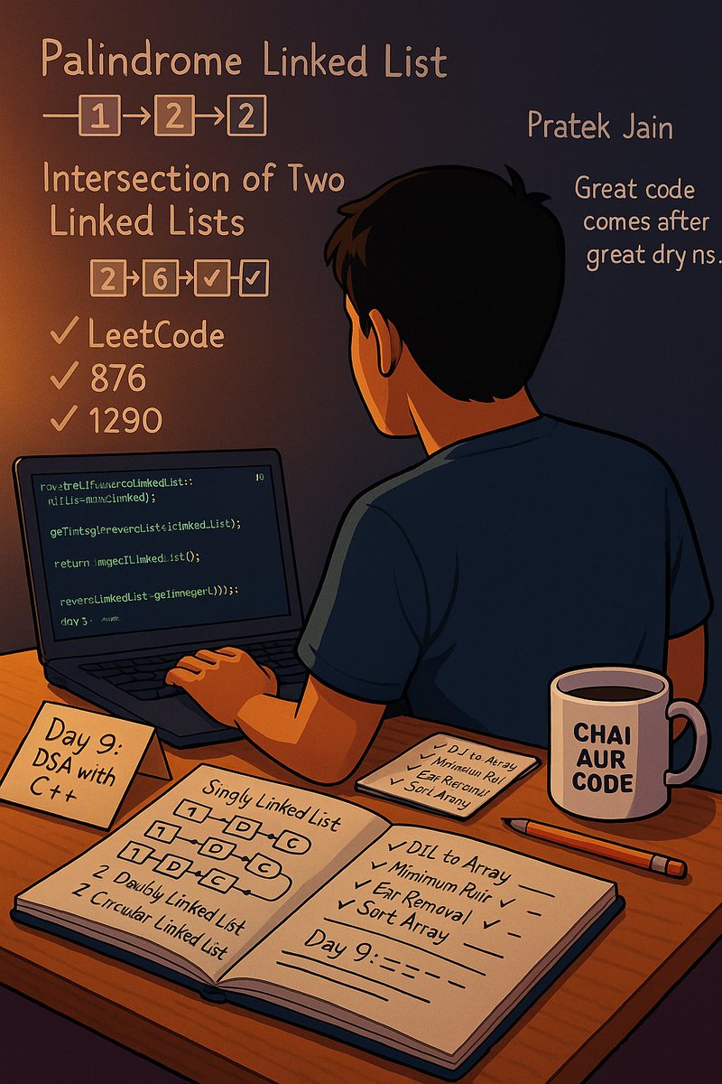AskeriJameel's tweet image. ๐ Day 9 of #DSAwithCpp
๐ฅ LC 206 โ Reverse LL
๐ฅ LC 876 โ Mid of LL
๐ฅ LC 1290 โ Binary โ Int (Sirโs OP logic!)
โ DLL/CLL insert-delete
๐ Assignments:
DLL & CLL code
DLL โ Array
Min pair removal
@hiteshdotcom @PrateekJain027 @ChaiCodeHQ
#Leetcode #Cpp #DSA