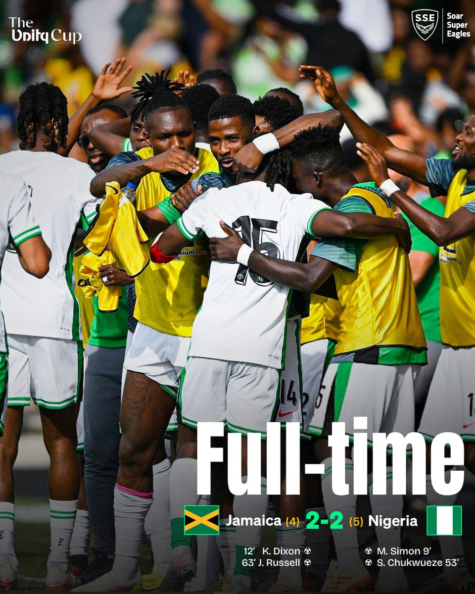 VICTORY!!! 💚🤍

THE SUPER EAGLES WIN THE 2025 UNITY CUP! 

#UnityCup2025 | #SoarSuperEagles
