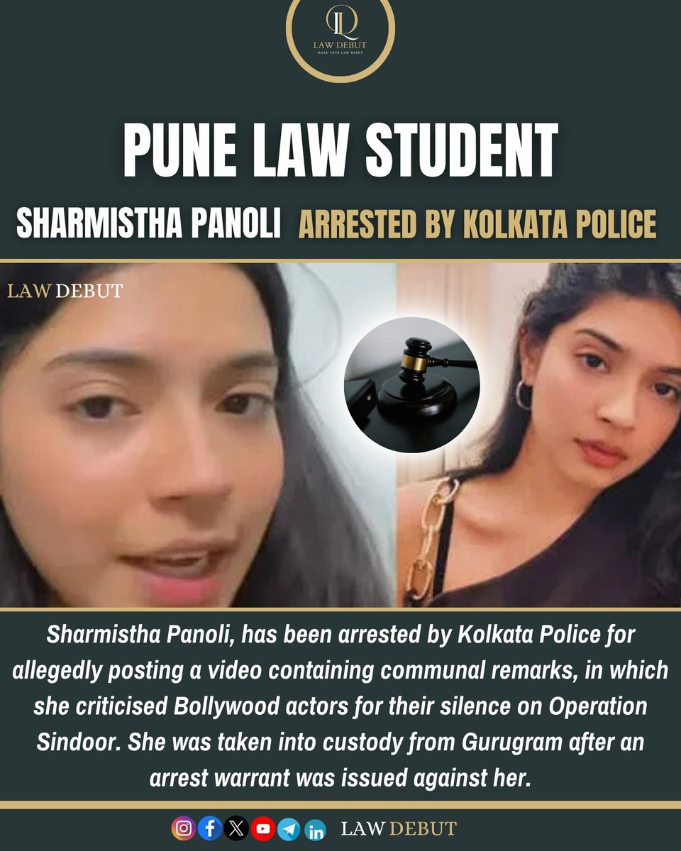 lawdebut's tweet photo. Sharmistha Panoli, a Pune law student, was arrested by Kolkata Police from Gurugram on Thursday night over "disrespectful and derogatory remarks" targeting a particular religion.

#SharmisthaPanoli
#IStandwithSharmishta https://t.co/ZqftoIUsMx