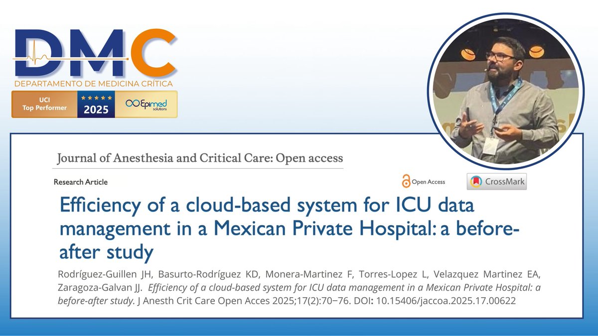 📊 En el DMC, implementar un sistema en la nube mejoró la calidad y eficiencia del manejo de datos en la UCI: 

✅0% de datos faltantes
✅Menor tiempo de captura
✅Mejor usabilidad

Felicidades a:
<a href="/job_rdz/">Job 🇲🇽</a> &amp; Cols.

👉 medcraveonline.com/JACCOA/JACCOA-…

#MedCritMx 🇲🇽
#MedCritHmás 🧡