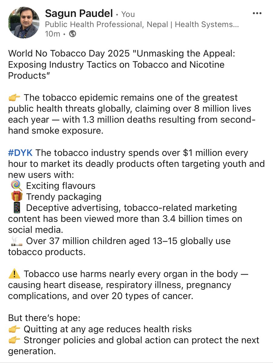 sagunpaudel's tweet photo. World No Tobacco Day 2025 "Unmasking the Appeal: Exposing Industry Tactics on Tobacco and Nicotine Products” @PHealthupdate 
 #TobaccoExposed #WHOFides #PublicHealth #TobaccoControl #NoMoreFlavours https://t.co/QzrxSjkjkA
