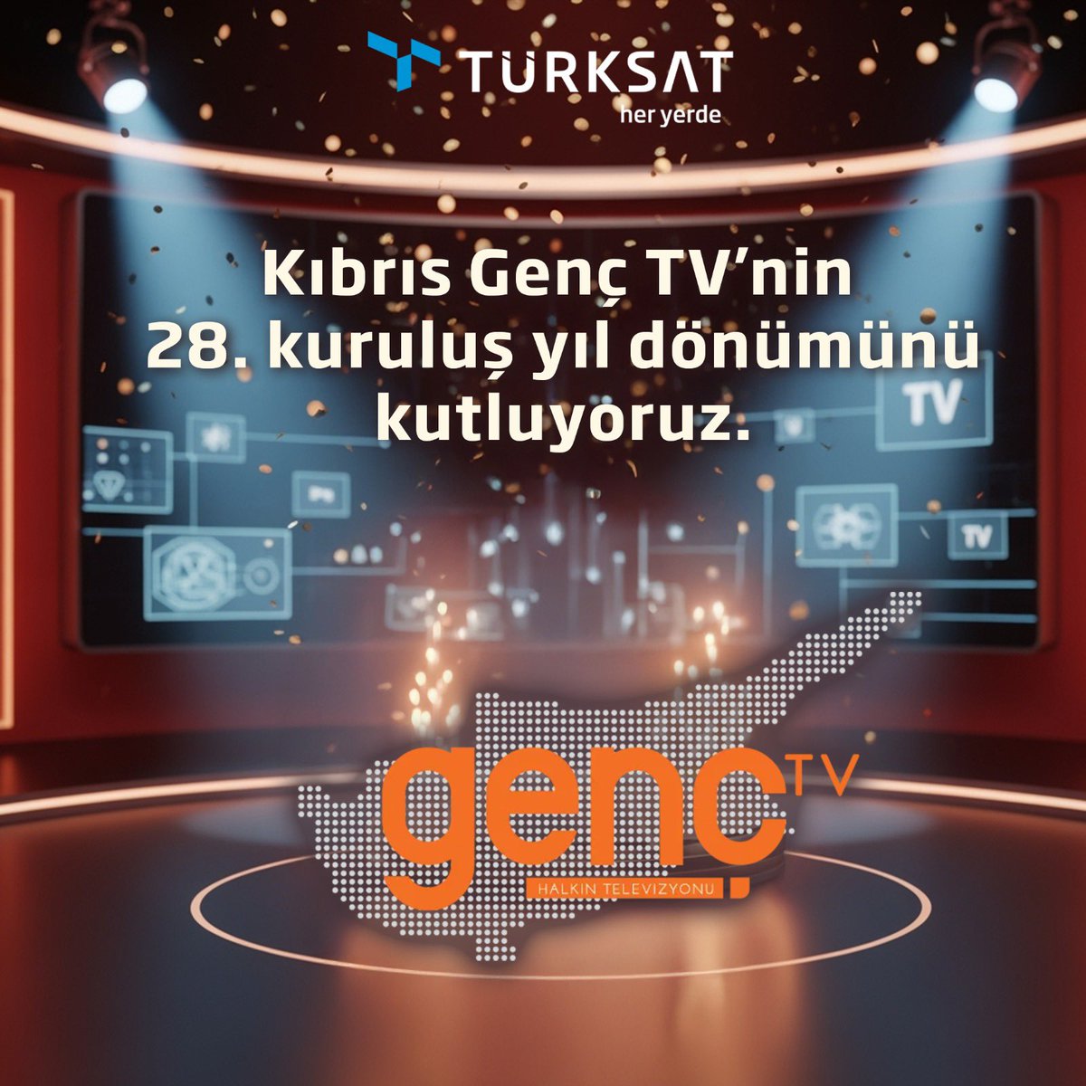 “Halkın Televizyonu” vizyonuyla 31 Mayıs 1997’de yayın hayatına başlayan Kıbrıs Genç TV’nin kuruluş yıl dönümünü tebrik ediyoruz. 

Türksat olarak 20 yıldır yayınlarını dünyayla buluşturduğumuz Genç TV’ye yayın hayatında başarılar diliyoruz. 

Nice yıllara <a href="/Kibris_Genc_TV/">Kıbrıs Genç Tv</a>