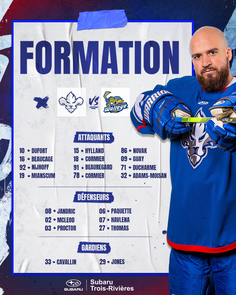 xy - Lions de Trois-Rivières (@lions3r) on Twitter photo L'alignement de vos Lions pour le match d'aujourd'hui!🔥
Bon match!🦁
#noTRemoment | <a href="/subaru3r/">Graham Haines</a> L'alignement de vos Lions pour le match d'aujourd'hui!🔥
Bon match!🦁
#noTRemoment | <a href="/subaru3r/">Graham Haines</a>