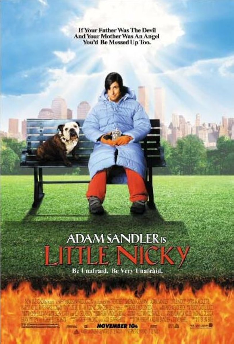Azurillkirby's tweet photo. 51) LITTLE NICKY (2000 nominee)

On a scale of Big Daddy to Eight Crazy Nights, this is closer to the latter. So much of "The writers really thought this was funny?" A lot of the stupid jokes were just dumb non-sequitors! Dreadful. I hate Adam Sandler's character.

A. https://t.co/BwswGuj4LJ