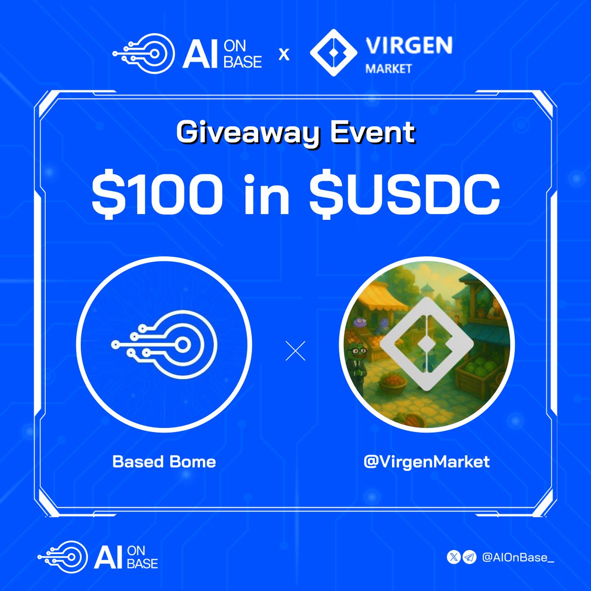 AI on Base (@aionbase_) on Twitter photo 🔊GIVEAWAY EVENT 🤝
🎁 Prize pool for 5 winners
$100 in $USDC
✔️ To Enter:
1️⃣ Follow <a href="/AIonBase_/">AI on Base</a> x <a href="/VirgenMarket/">Virgen Market</a>
2️⃣ ❤️, Repost and tag 3 friends
3️⃣ Join : t.me/BaseHubChat
⏰ 48h
#Base $VIRGEN 🔊GIVEAWAY EVENT 🤝
🎁 Prize pool for 5 winners
$100 in $USDC
✔️ To Enter:
1️⃣ Follow <a href="/AIonBase_/">AI on Base</a> x <a href="/VirgenMarket/">Virgen Market</a>
2️⃣ ❤️, Repost and tag 3 friends
3️⃣ Join : t.me/BaseHubChat
⏰ 48h
#Base $VIRGEN