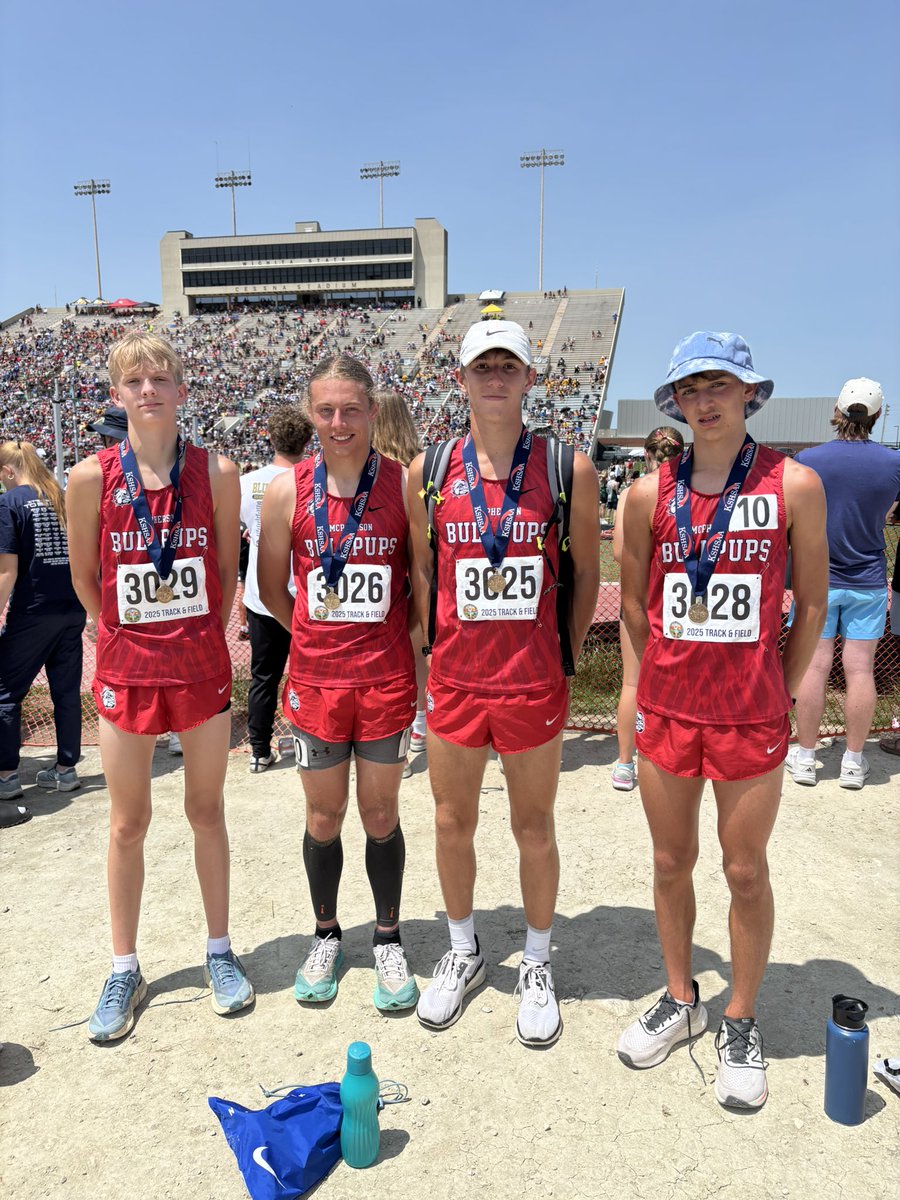 John Montgomery (@coachjmonty) on Twitter photo We have some Pups on the podium! Congratulations to our boys 4x800 crew - Ethan Elder, Kayden Friesen, Tripp Pelzel, and Caleb Muehler. They take 2nd with a time of 7:56.21 and set a new school record in the process!!
<a href="/MHSBullpups/">McPherson HS</a> We have some Pups on the podium! Congratulations to our boys 4x800 crew - Ethan Elder, Kayden Friesen, Tripp Pelzel, and Caleb Muehler. They take 2nd with a time of 7:56.21 and set a new school record in the process!!
<a href="/MHSBullpups/">McPherson HS</a>