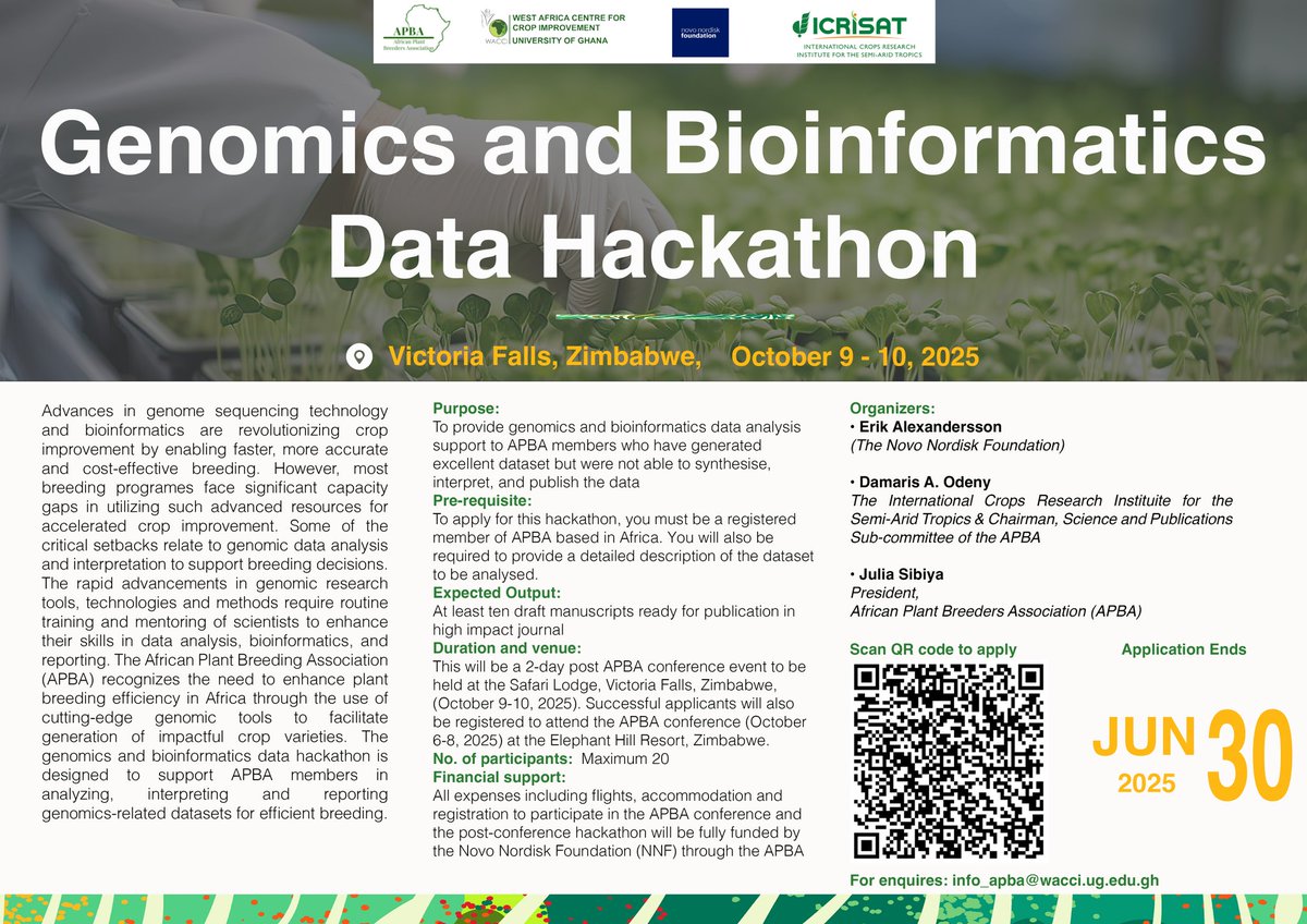 PlantAPBA's tweet image. We are excited to announce that Novo Nordisk Foundation, in collaboration with the APBA, is organising a Post-APBA Conference Workshop on Genomics and Bioinformatics Data Analysis!

Date : October 9-10 , 2025 
Visit the link : bit.ly/4dEBZJt

 Deadline: June 30, 2025
