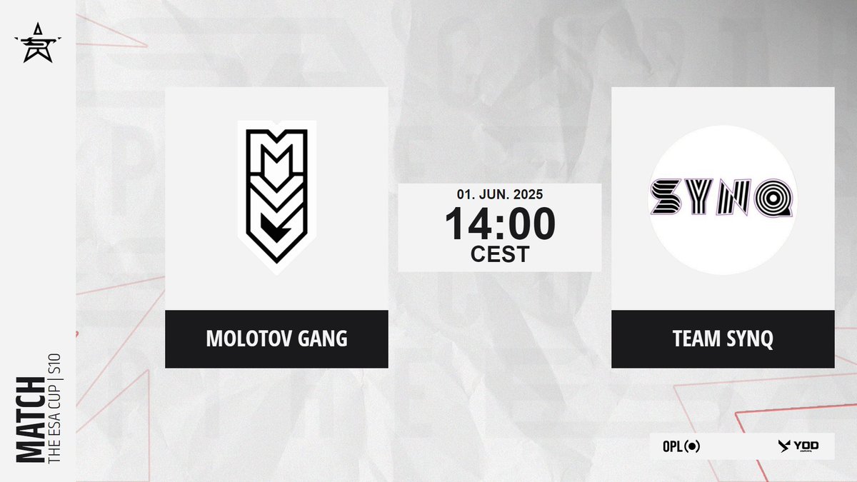 The ESA Cup | Season X (@esa_cup) on Twitter photo Join us tomorrow for the ESA Cup Season X Grand Final!
An epic battle between <a href="/MvG2021Official/">MolotovGang</a> and #TeamSynq in a Best Of 5 matchup with Unlimited Overtime!
Talent line-up:
👑Host: <a href="/chambourine/">Chambourine 🏳️🌈🏴</a>
📊Analysts: <a href="/AmgunsPC/">Amguns</a> & <a href="/ItsTraviiiii/">Traviiiii</a>
🎙️Casters: <a href="/PuffoBob/">PuffoBob</a> & <a href="/Deltabacon1/">JustTom</a> Join us tomorrow for the ESA Cup Season X Grand Final!
An epic battle between <a href="/MvG2021Official/">MolotovGang</a> and #TeamSynq in a Best Of 5 matchup with Unlimited Overtime!
Talent line-up:
👑Host: <a href="/chambourine/">Chambourine 🏳️🌈🏴</a>
📊Analysts: <a href="/AmgunsPC/">Amguns</a> & <a href="/ItsTraviiiii/">Traviiiii</a>
🎙️Casters: <a href="/PuffoBob/">PuffoBob</a> & <a href="/Deltabacon1/">JustTom</a>