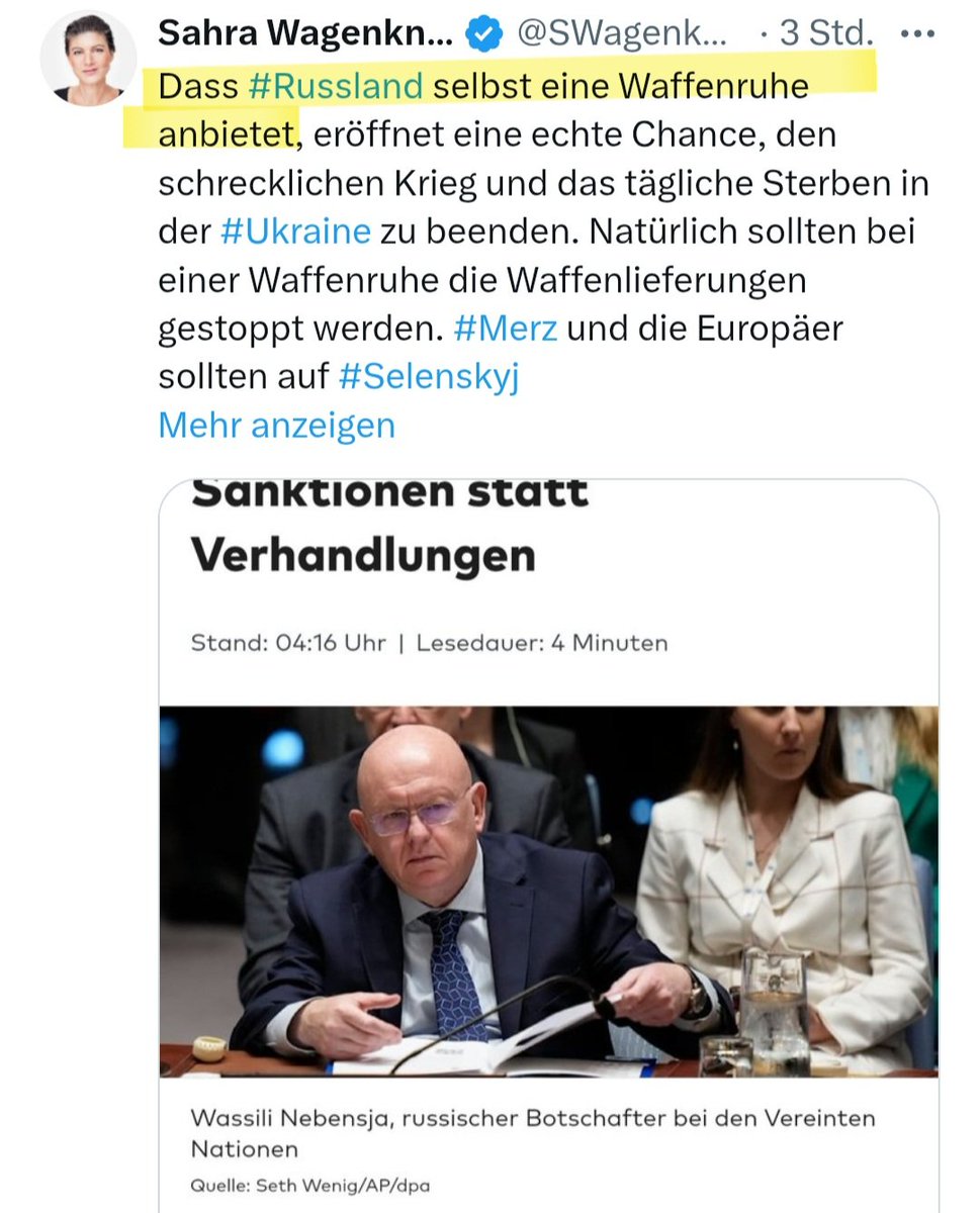 Russland bietet überhaupt keine Waffenruhe an, sondern lehnt eine bedingungslose Waffenruhe weiter ab. Die Bedingung Russlands ist u.a. die Einstellung der Waffenlieferungen. Warum möchte ein Angreifer wohl, dass sein  Opfer möglichst wenig Waffen hat?