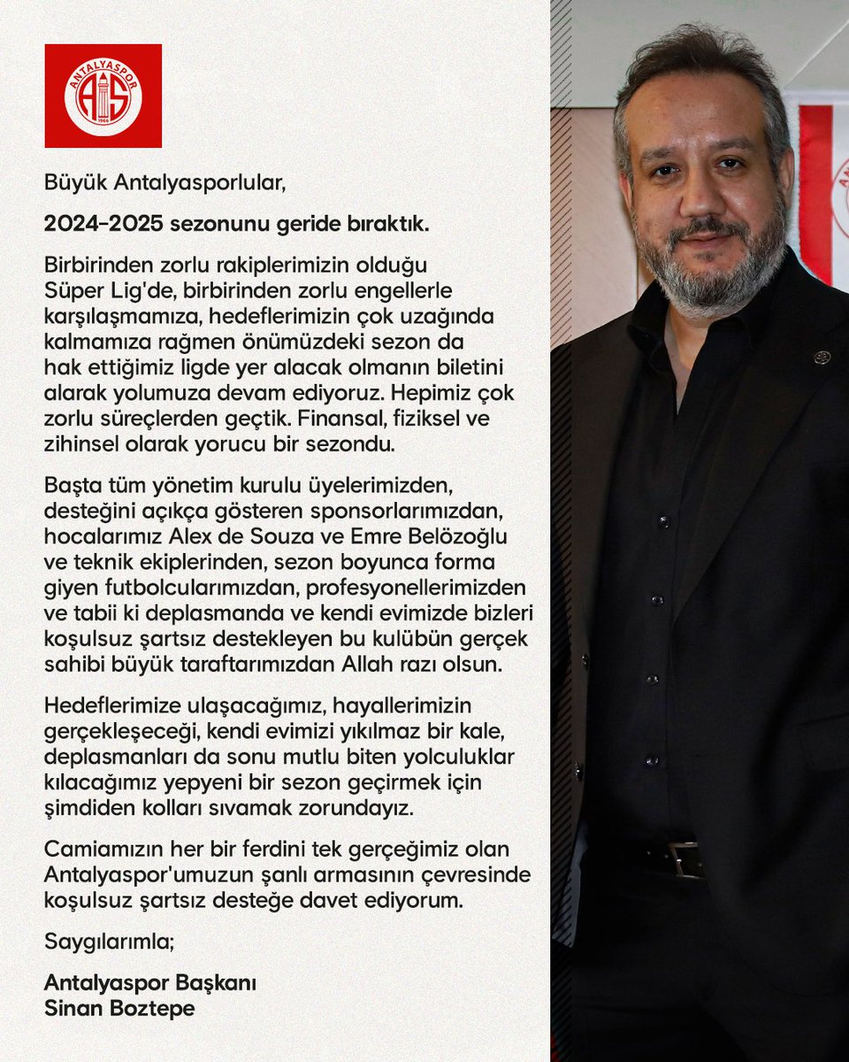 Onvo Antalyaspor (@antalyaspor) on Twitter photo 🎙 Başkanımız <a href="/sinanboztepee/">Sinan Boztepe</a>, 2024-2025 sezonunun ardından değerlendirmelerde bulundu. #OnvoAntalyaspor 🎙 Başkanımız <a href="/sinanboztepee/">Sinan Boztepe</a>, 2024-2025 sezonunun ardından değerlendirmelerde bulundu. #OnvoAntalyaspor