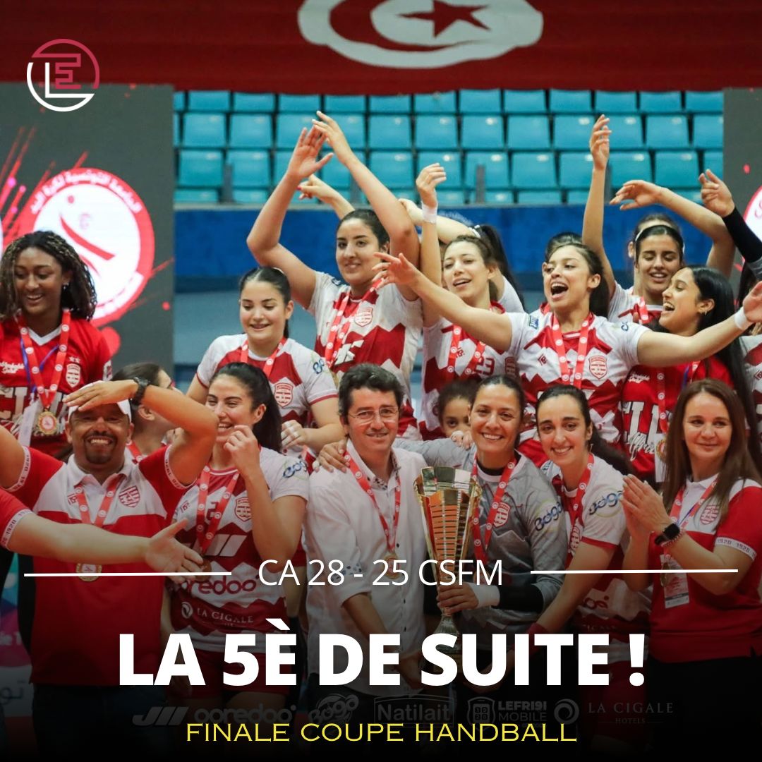 🏆🔴⚪🤾‍♀️

Les féminines du Club Africain ont remporté leur 30e Coupe de Tunisie de Handball (la 5e de suite), après leur victoire contre le CSF Moknine sur le score de 28 à 25. 

#Handball