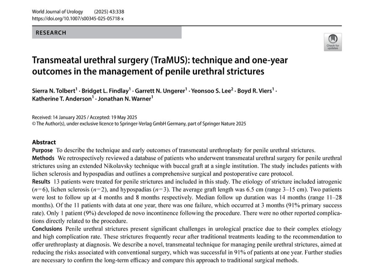 Sierra Tolbert, MD (@stolbert_md) on Twitter photo Excited to share our work on transmeatal urethroplasty for penile strictures - 91% success rate at one year! ⭐️ rdcu.be/eoyYX <a href="/drjnwarner/">Jonathan Warner</a> <a href="/MayoUrology/">Mayo Clinic Urology</a> <a href="/SpringerUrology/">Springer Urology</a>
Video of technique: liebertpub.com/doi/abs/10.108… <a href="/olive_liz/">Liz Olive, MD</a> Excited to share our work on transmeatal urethroplasty for penile strictures - 91% success rate at one year! ⭐️ rdcu.be/eoyYX <a href="/drjnwarner/">Jonathan Warner</a> <a href="/MayoUrology/">Mayo Clinic Urology</a> <a href="/SpringerUrology/">Springer Urology</a>
Video of technique: liebertpub.com/doi/abs/10.108… <a href="/olive_liz/">Liz Olive, MD</a>