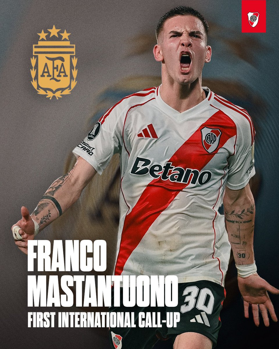 River Plate Global (@globalcarp) on Twitter photo At just 17 years old, Franco Mastantuono has received his first call-up to <a href="/AFASeleccionEN/">Selección Argentina in English</a> senior team. 🇦🇷
He will be proudly wearing Argentina's colours against Chile and Colombia.
Our wonder kid. 🤩 At just 17 years old, Franco Mastantuono has received his first call-up to <a href="/AFASeleccionEN/">Selección Argentina in English</a> senior team. 🇦🇷
He will be proudly wearing Argentina's colours against Chile and Colombia.
Our wonder kid. 🤩