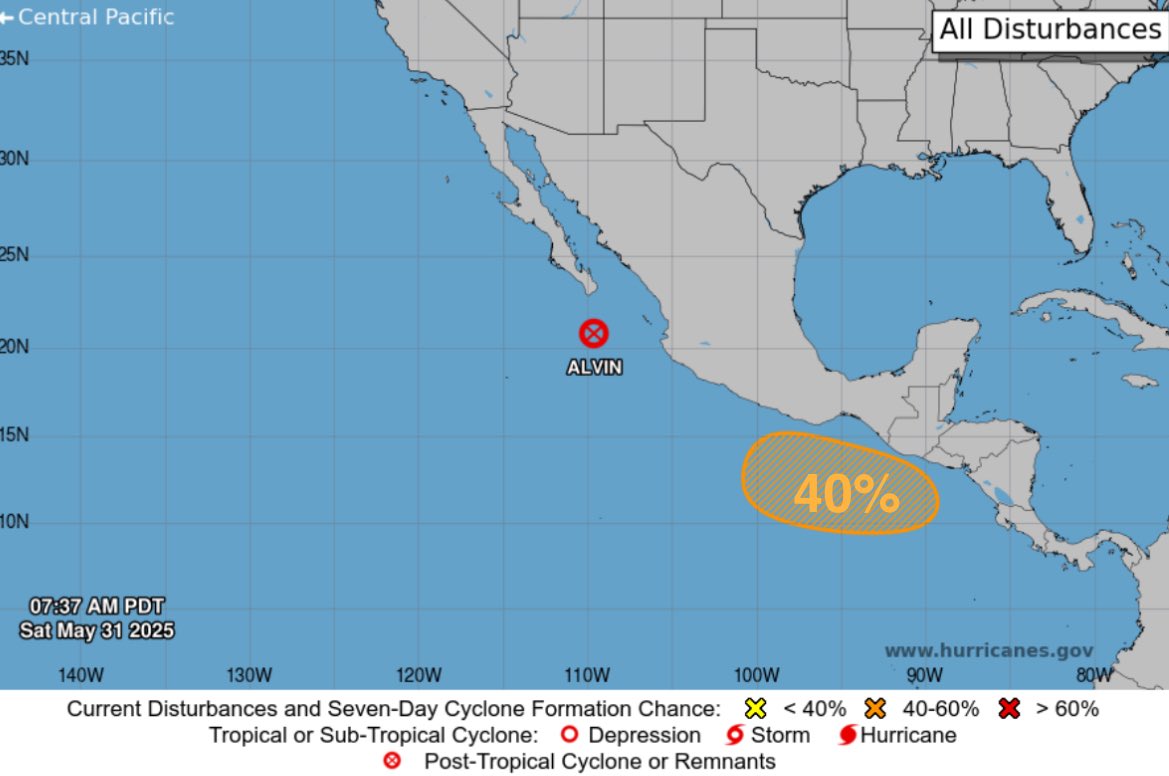 #ALVIN has become post-tropical just south of Baja California Sur. Meanwhile, another AOI south of Mexico has a 40% chance of development.

For now, I think it stays south of Mexico with a similar fate to ALVIN with potential ridging to the north.