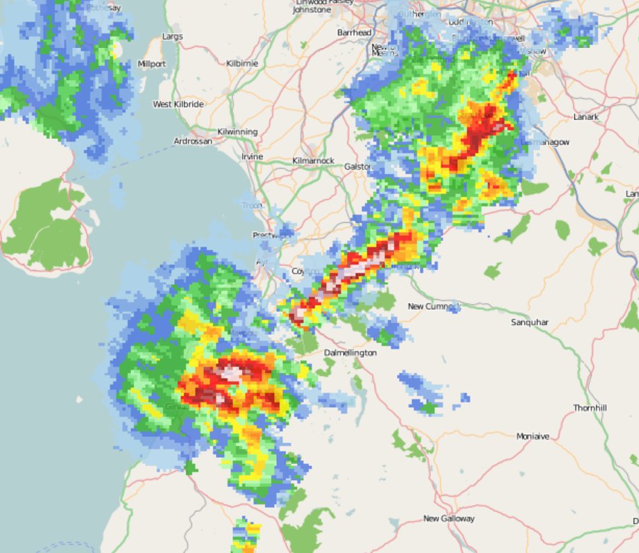 Thunderstorm ongoing near Ayr in Scotland currently, with a NE trajectory.

Lightning map: lightningmaps.org
Radar: netweather.tv/live-weather/r…