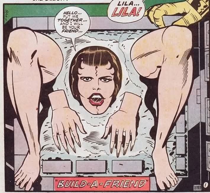 "BUILD-A-FRIEND"
OMAC #1 (Vol. 1; 1974; DC Comics)
"Brother Eye and Buddy Blank"
Writer: Jack Kirby
Penciler: Jack Kirby
Inker: Mike Royer
Letterer: Mike Royer
