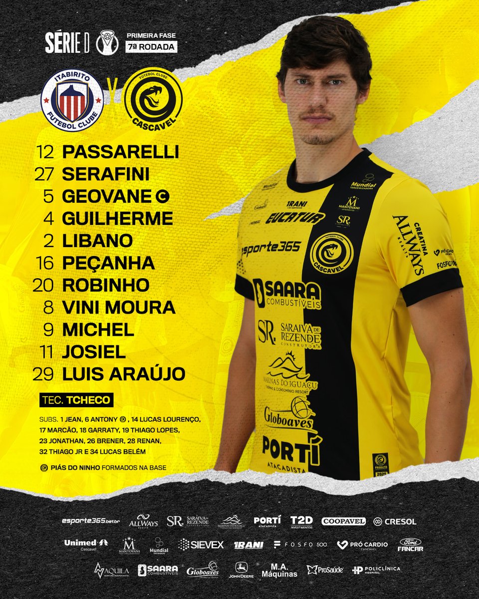 fc_cascavel's tweet photo. Estamos prontos! 😤🟡⚫️

Cascavel escalado pelo técnico Tcheco para enfrentar o Itabirito, no Estádio Castor Cifuentes, em Nova Lima-MG.

Jogamos juntos às 15h30, com transmissão ao vivo pela TV Serpente! 🐍

#JogaJuntoCascavel #FCCascavel https://t.co/nEDPG9FMXS
