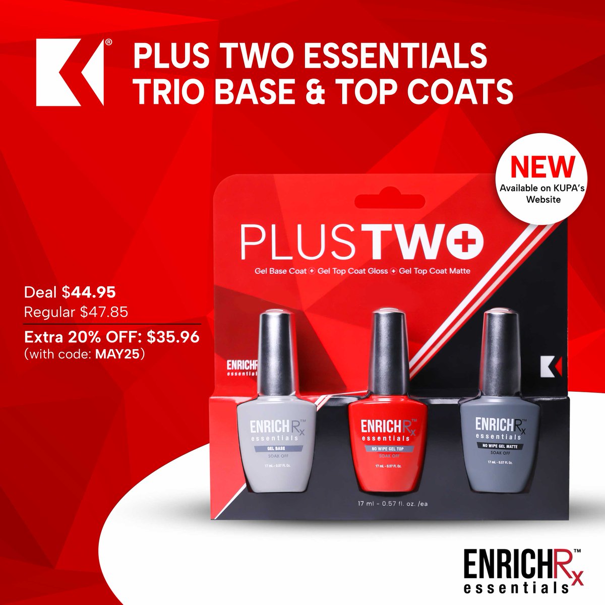 ✨ Now Available! ✨
Our Plus Two Essential Trio Base &amp; Top Coats are here to elevate your nail game! 💅🏼 Grab them now on the KUPA website with an amazing discount! Use code MAY25 with 20% OFF.

👉 Shop now: ow.ly/pJGa50UQKnS

#KUPA #KUPAgeltopcoat