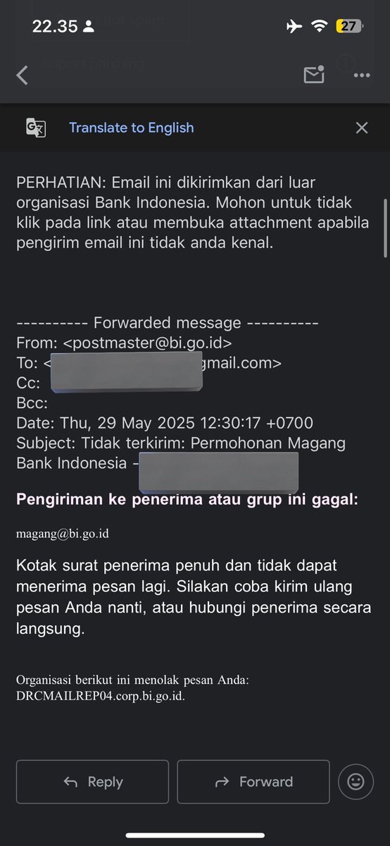 syantalv's tweet photo. @bank_indonesia halo min, izin bertanya. saya telah mengirimkan email permohonan magang ke https://t.co/YVAtWkvgKF namun selalu muncul spam email seperti ini. saya terus mencoba hingga hari pun masih tetap muncul spam seperti di gambar. solusinya bagaimana ya? @bank_indonesia https://t.co/Bfdvx4KHEb