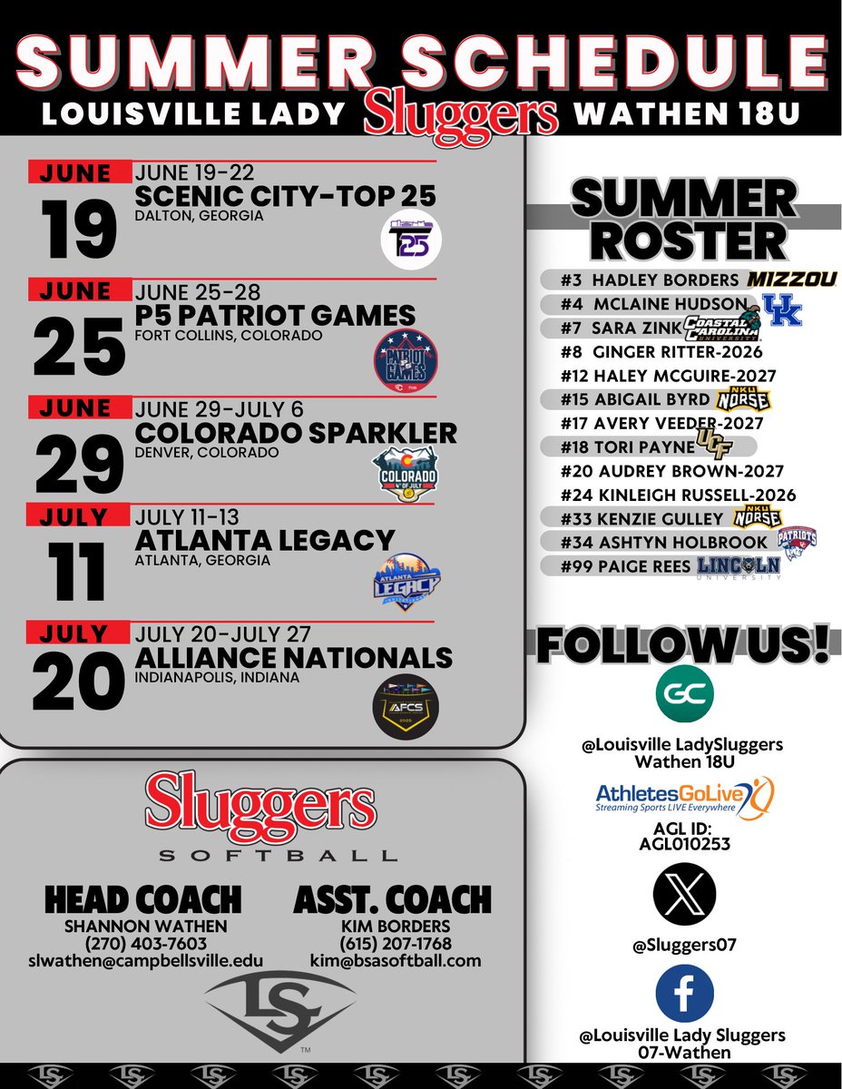 Haley McGuire (@haleymac2027) on Twitter photo Super excited for this summer back with my girls. Hope to see you there! <a href="/Sluggers07/">Lady Sluggers โ07</a> <a href="/UACoachMurphy/">Patrick Murphy</a> <a href="/KaylaBraud1/">Kayla Braud</a> <a href="/Trisha_Ford/">Trisha Ford</a> <a href="/J_Cottrill_/">Jeff Cottrill</a> <a href="/UGACoachTony/">Tony Baldwin</a> <a href="/CoachLarissaA/">Larissa Anderson</a> <a href="/Coach_Ricketts/">Samantha Ricketts</a> <a href="/Jamie_Trachsel/">Jamie Trachsel</a> <a href="/CoachDeifel/">Courtney Deifel</a> <a href="/rittmanjohn/">John Rittman</a> <a href="/LLefty18/">Lindsay Leftwich</a> <a href="/CoachDot_LU/">Dot Richardson</a> Super excited for this summer back with my girls. Hope to see you there! <a href="/Sluggers07/">Lady Sluggers โ07</a> <a href="/UACoachMurphy/">Patrick Murphy</a> <a href="/KaylaBraud1/">Kayla Braud</a> <a href="/Trisha_Ford/">Trisha Ford</a> <a href="/J_Cottrill_/">Jeff Cottrill</a> <a href="/UGACoachTony/">Tony Baldwin</a> <a href="/CoachLarissaA/">Larissa Anderson</a> <a href="/Coach_Ricketts/">Samantha Ricketts</a> <a href="/Jamie_Trachsel/">Jamie Trachsel</a> <a href="/CoachDeifel/">Courtney Deifel</a> <a href="/rittmanjohn/">John Rittman</a> <a href="/LLefty18/">Lindsay Leftwich</a> <a href="/CoachDot_LU/">Dot Richardson</a>