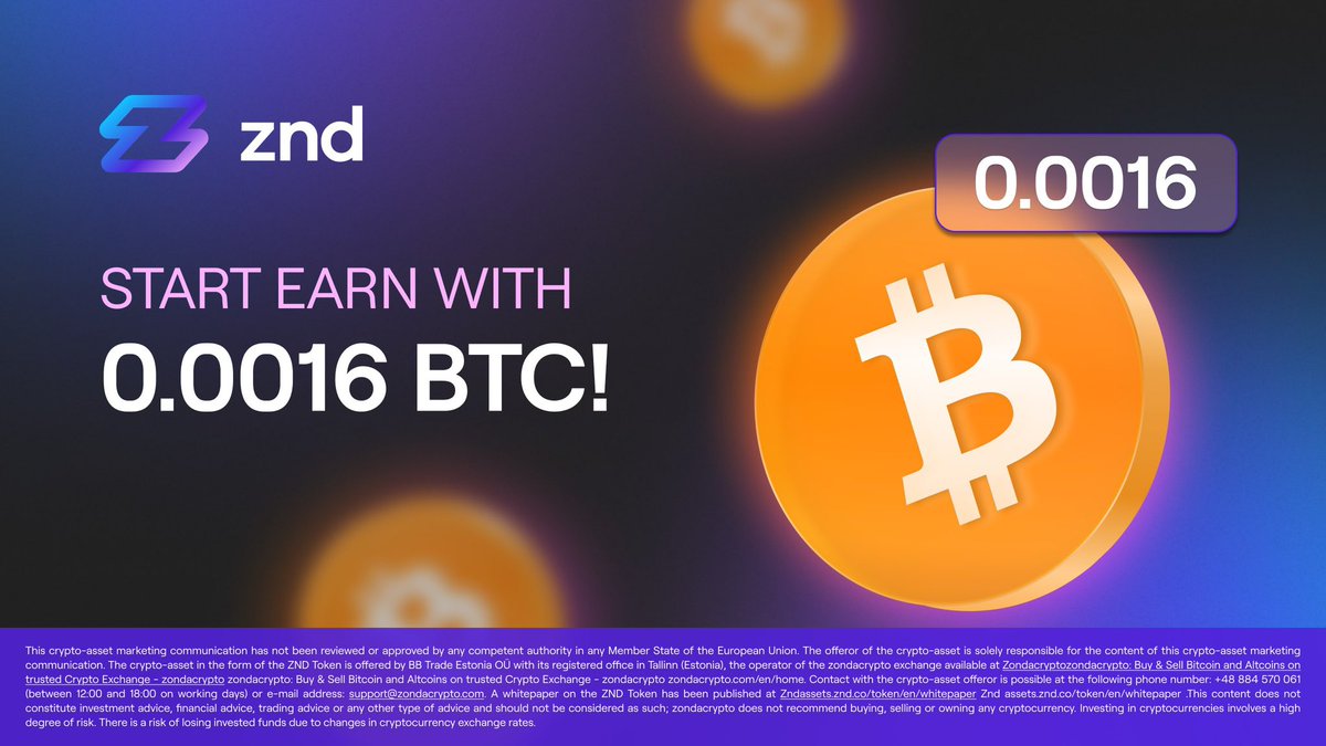 Big news! 📢 We’ve just made it even easier to grow your $BTC!

The minimum required to open a $BTC Earn subscription on ZND is now just 0.0016 BTC 🔓✨
Whether you're stacking sats or holding strong, it's your time to earn.

💥 Remember, there’s still our promotional 5% APR on