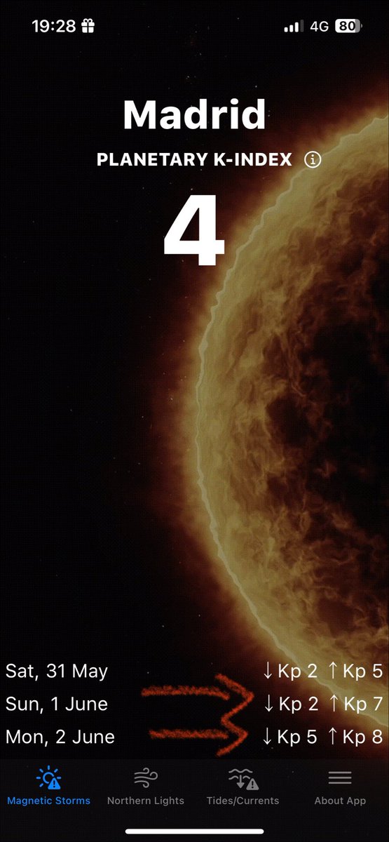 Pues tras las llamaradas solares de nuestro amigo, ya actualizan las previsiones para estos próximos días.

Como podéis ver, ahora mismo estamos con tormenta geomagnética nivel 4, pero entre domingo y lunes se prevé llegar a ‼️8 ‼️

 Vienen curvas fuertes

Mucha fuerza a todos 💪