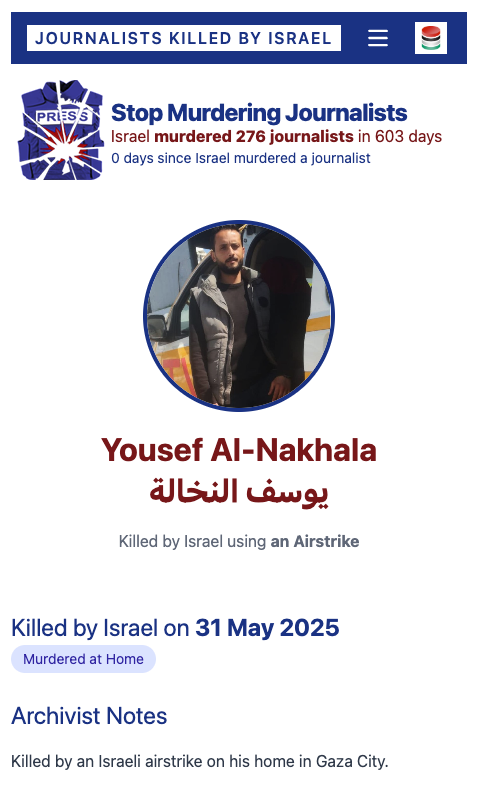 Please take a moment to honor the martyred journalist.

Some pray, others take a moment of silence. I say the martyr's name aloud to honor their memory.

Yousef Al-Nakhala | يوسف النخالة

Yousef Al-Nakhala is the 3rd journalist Israel murdered this week.