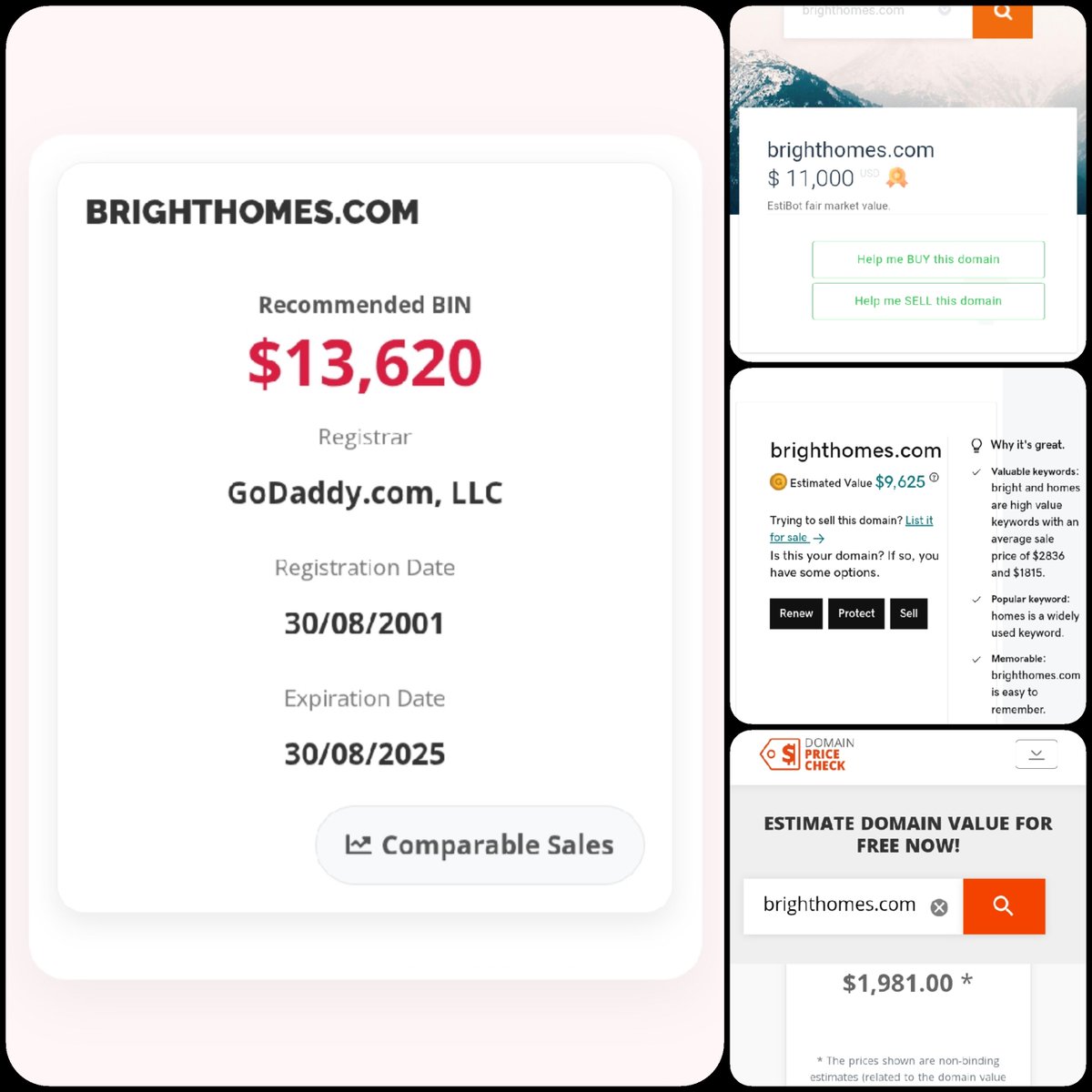 🌐 BrightHomes .com

💰 Sold Price : $14,000

✔ @DNRater Recommended BIN : $13,620 😎
✔ Estibot Valuation : $11,000
✔ Godaddy Estimation : $9,625
✔ InternetX Appraisal : $1,981

📌 Venue : <a href="/afternic/">Afternic</a> 
📆 2024-08-31