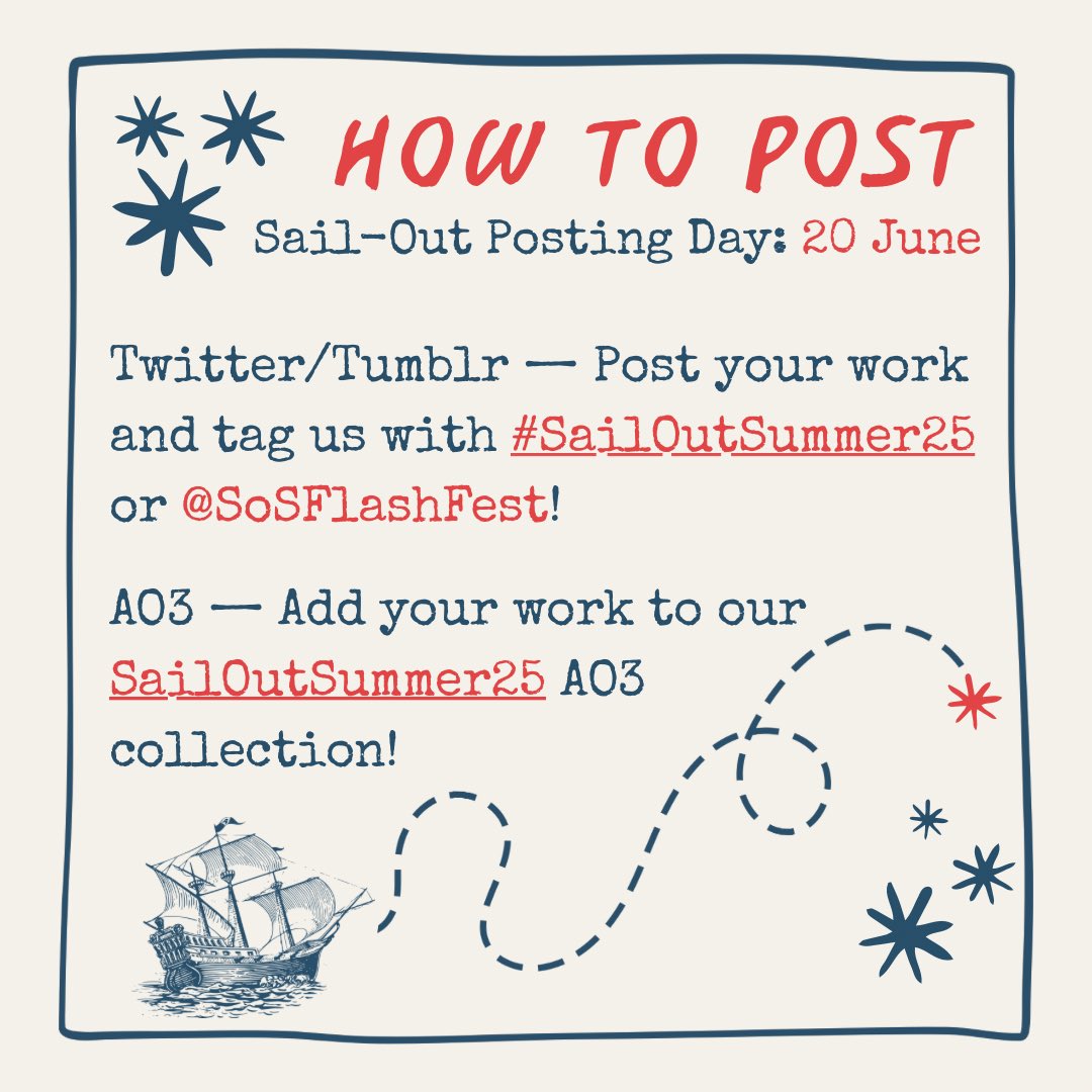 Sail-Out Summer Flash Fest ⚓️ (@sosflashfest) on Twitter photo Halfway through the first leg of our journey! ⚓️ Some updates as we sail closer to our first posting day— if you're sharing your work on Twitter or Tumblr, then tag us with #SailOutSummer25 or <a href="/SoSFlashFest/">Sail-Out Summer Flash Fest ⚓️</a>, or add your work to our AO3 collection below!
archiveofourown.org/collections/Sa… Halfway through the first leg of our journey! ⚓️ Some updates as we sail closer to our first posting day— if you're sharing your work on Twitter or Tumblr, then tag us with #SailOutSummer25 or <a href="/SoSFlashFest/">Sail-Out Summer Flash Fest ⚓️</a>, or add your work to our AO3 collection below!
archiveofourown.org/collections/Sa…