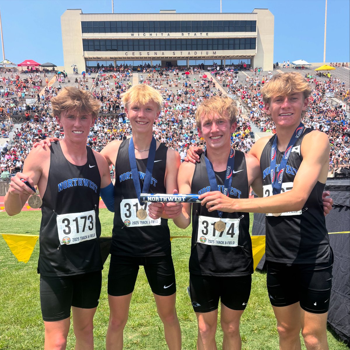 6A boys 4x800m state champions 🥇

Olathe Northwest team of Carson Madsen, Benjamin Herbst, Tyler Palangi, and Dexter Favreau wins the 6A boys 4x800m race with a time of 7:50.06. #sportsinkansas