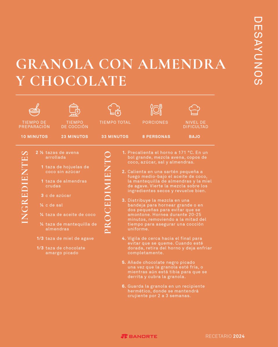 Dulce y sencillo: granola con almendras y chocolate para el desayuno. 🍫🌰

¡Cocina más rico con nuestro Recetario <a href="/Banorte_mx/">Banorte</a> 2024! 🍲 Entradas, platos fuertes, postres y más. 🧑🏼‍🍳 Descárgalo sin costo:
👉🏻 mbmarcobeteta.com/guias/recetari…

#MarcoBeteta #ComunidadMB