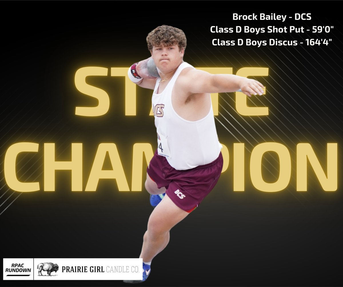 🥇Congratulations to Brock Bailey of <a href="/dcstigers/">Dundy County Stratton Schools</a>  on his Class D Gold Medals! 🥇

Shot Put - 59'0"
Discus - 164'4"

Our Track and Field State Champion graphics are brought to you by @pPrairie Girl Candle Co.

#rpacrundown