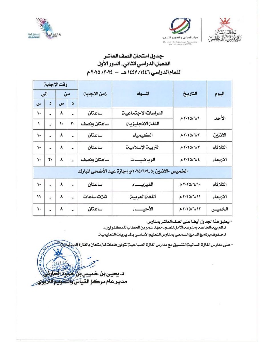 جداول اختبارات نهاية الفصل الدراسي الثاني -الدور الأول- للعام الدراسي 2025/2024 للمراحل: 
* الخامس والسادس
* السابع والثامن 
* التاسع
* العاشر

#مدارسنا_مستقبل_واعد 
#فعاليات_تعليمية_شمال_الباطنة