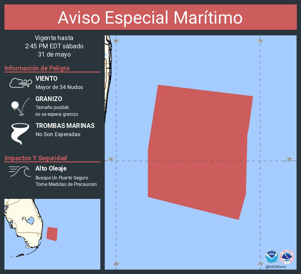 Aviso Especial Marítimo incluye Aguas desde Playa Deerfield a Ocean Reef FL de 20 a 60 MN excluyendo las aguas territoriales de las Bahamas y Aguas desde Ensenada Jupiter a Playa Deerfield FL de 20 a 60 MN hasta las 2:45 PM EDT