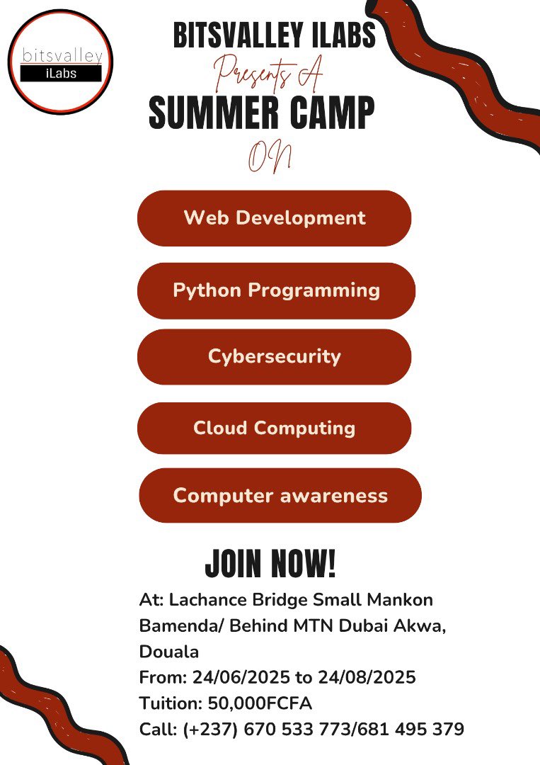 Do you want to add more meaning to this summer in your kid’s lives? 🌞
Join us for the Bitsvalley iLabs Summer Camp on:
- Web Development
- Python Programming
- Cybersecurity
- Cloud Computing
- Computer Awareness
📅 246 – 24/8/2025  
💰: 50,000 CF
📞+237 670 533 773/ 681 495 379