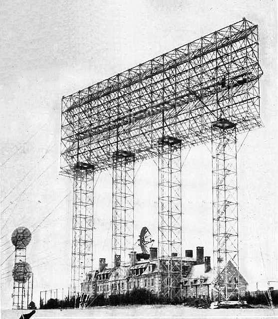 Large VHF corner reflector antenna built in 1955 for a US military tropospheric scatter (troposcatter) communications system. The antenna, 120 feet high and 130 feet wide.