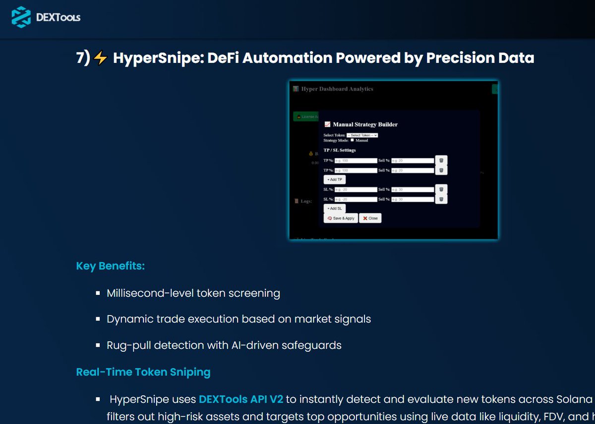 hypersnipebot's tweet photo. ⚡ Power meets precision.

HyperSnipe Bot now integrates with DEXTools API V2 to deliver:
✅ Millisecond-level token screening
✅ Real-time Solana  sniping
✅ Dynamic trade execution powered by AI
✅ Rug-pull detection safeguards
Thanks to @DEXToolsApp , HyperSnipe can auto-snipe the right tokens — not just any tokens.
Snipers level up. 🚀
#DEXTools #HyperSnipe #CryptoBot #Solana #SniperBot #DeFi #memecoinsol #CryptoTrading