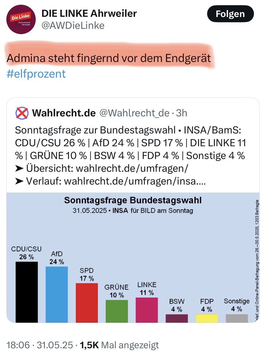 | <a href="/dieLinke/">Die Linke</a> ist nur noch eine Umfrage entfernt von: »Unsere Vorsitzenden jetzt auf #OnlyFans — für mehr Mitgliederbindung«.