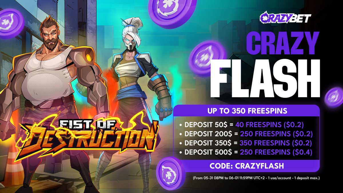 crazybet's tweet image. ⚡️ CRAZYFLASH FREE SPINS ALERT! ⚡️

For TODAY ONLY we’re dropping up to 350 FREE SPINS on Fist of Destruction by Hacksaw Gaming and you need to be fast 💥

Want a shot at 25 NO DEPOSIT free spins? ⤵️

✅ Drop your CrazyBet username in the comments
✅ Smash that Like &amp;amp; Share
✅…