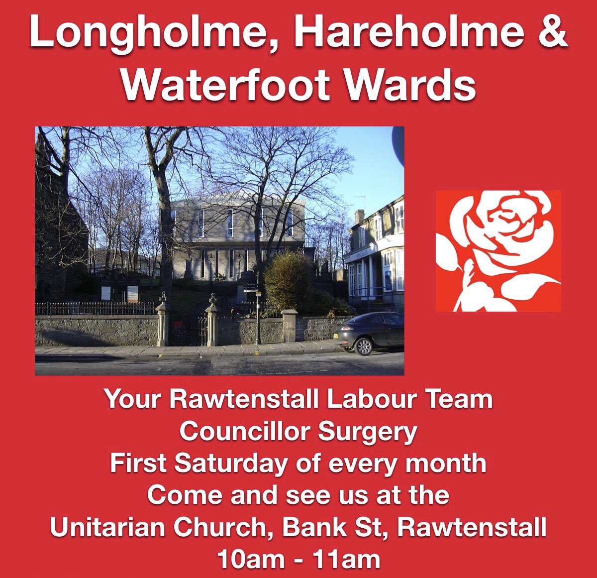 Your Rawtenstall Councillors will be holding their regular monthly surgery on Saturday 7th June 2025 at the Unitarian Church, Bank St, Rawtenstall. Time: 10am until 11am.
If you have an issue we can help with, please do drop in for a chat and a cuppa ☕️
