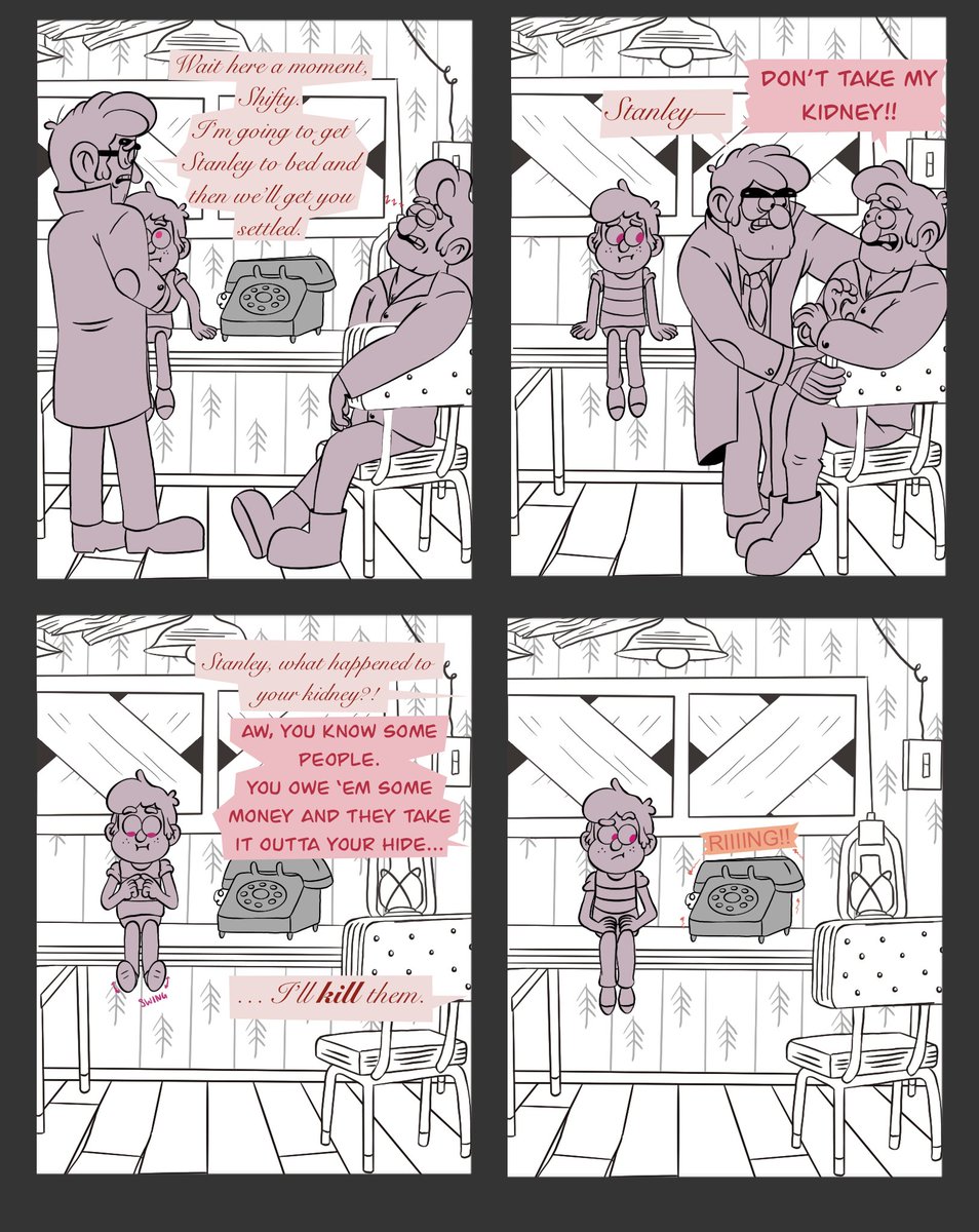 Hester_Callan_'s tweet photo. Shifty unofficially meets Grandma Caryn! Unfortunately... he thinks she's a telephone ☎️ 
#GravityFalls #stantwins #grunklestan #grunkleford #mulletstan #paranoidford #StanPines #FordPines #gravityfallsshapeshifter #shiftypines #carynpines #gravityfallsfanart #GravityFallsAU https://t.co/zO09OmNt4H